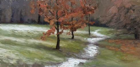 Plein air landscape realist impressionist oil painting, started outdoors in Marble Hill Park, Twickenham and completed in my studio. A light sprinkling of snow along a path leading into distant woods. Orange-brown leaves contrast with the green grass and purplish hue of the furthest trees.