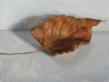 Winter leaf, original oil painting. A Brown, dried curled leaf from a poplar tree