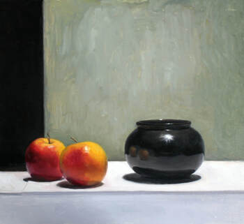 Realist still life oil painting of apples and shiny black jar