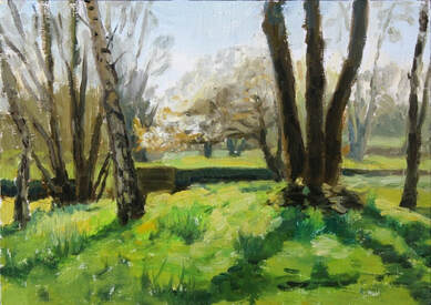 Realist impressionist plein air oil painting of spring sunshine through trees in Orleans House Gallery woods, Twickenham