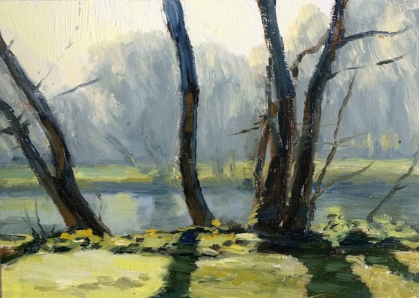 oil painting of trees on the bank of the River Thames in Orleans Gardens, Twickenham.  A Very bright frosty morning, a blue haze over the distant bank and trees
