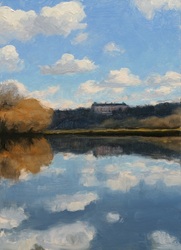 Realist oil painting of River Thames, looking towards Richmond Hill and the Royal Star and Garter home.  A Sunny February morning, with small white clouds reflected in the still river.