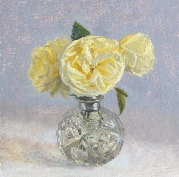 Realist, impressionist, contemporary realism, alla prima oil painting of cream roses in an Edwardian cut glass perfume bottle by Rosemary Lewis