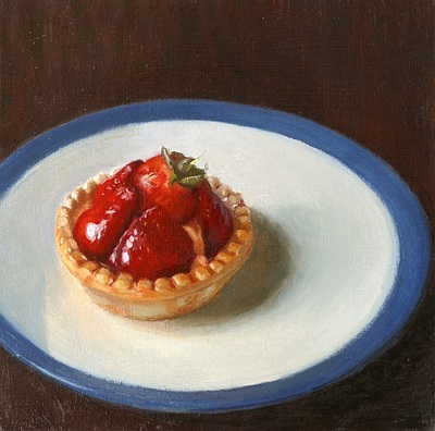 Realist still life oil painting of a strawberry tart on a white and blue plate