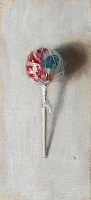 Realist still life trompe l'oeil oil painting of a red white and blue lollipop /candy 