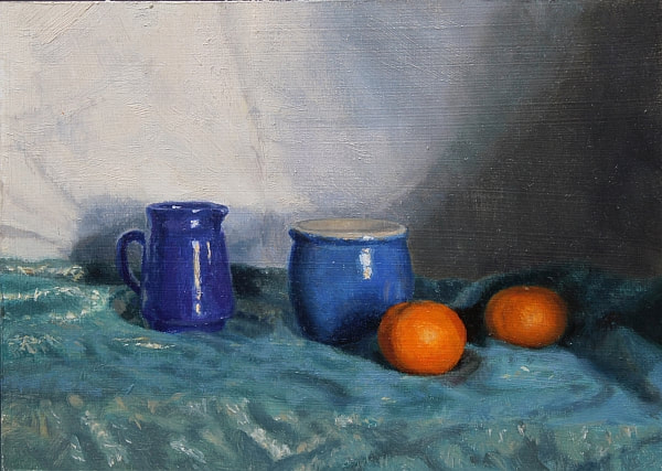 Blue Jug with orange clementines on a blue cloth, realist oil painting