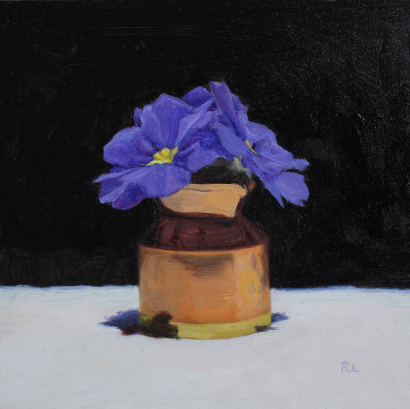 Realist floral oil painting of blue primula in a copper jug