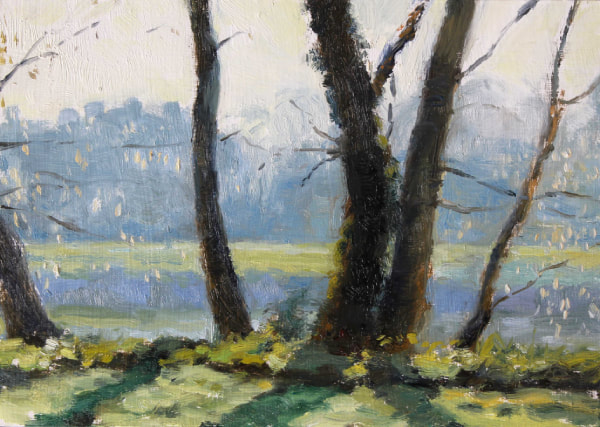 realist impressionist British landscape early Spring Morning, oil painting of the Thames near Twickenham, looking through trees with catkins