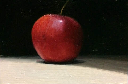 Daily oil painting of a shiny red apple set against a black background