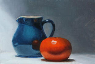 original oil painting of blue jug and clementine