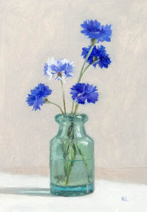 realist floral oil painting of blue cornflowers