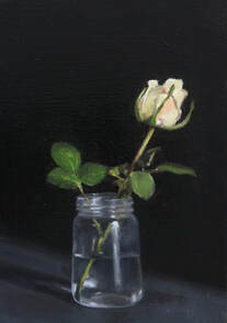 Realist oil floral flower painting of cream rose in glass jar
