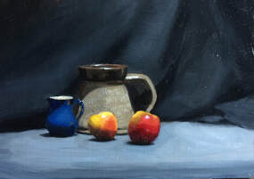 Realist still life oil painting stoneware jug with apples