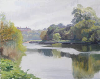 Plein air oil landscape painting of river Thames looking towards Richmond Hill and the Royal Star and Garter Home, showing tree reflections 