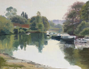 Realist Plein air impressionist oil painting of River Thames from Twickenham to Richmond Hill, showing the Eel pie Island on the right, with moored boats on a hazy May morning