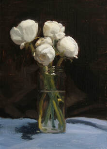 Realist still life floral/flower oil painting of white ranunculus in a glass jar