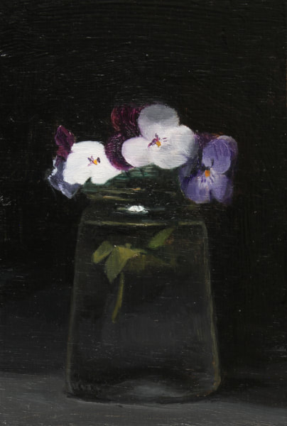 Realist oil painting still life flowers heartsease in a jar