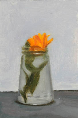 Original oil painting of orange calendula flower in a glass jar
