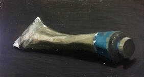 Realist daily oil painting of a tube of cobalt turquoise paint