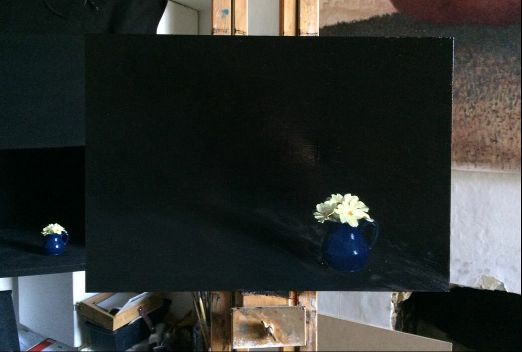 Realist still life  Oil painting primroses in a blue jug
