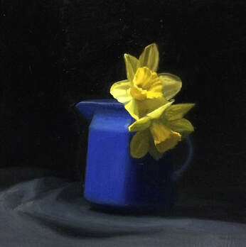 Still life floral Oil painting of daffodils in a blue jug