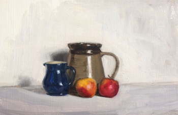 Realist still life oil painting, two jugs and applesPicture