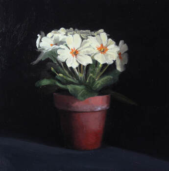 Oil painting of primroses in a pot