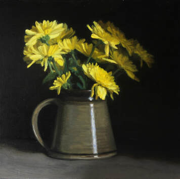 Realist still life flower floral oil painting of yellow chrysanthemums in a stonewear jar