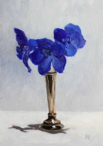 Realist floral oil painting of blue delphiniums in a silver vase