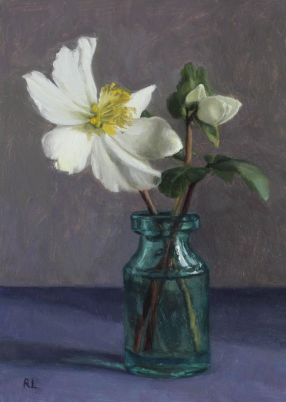 Realist floral oil painting of white hellebore in a glass bottle