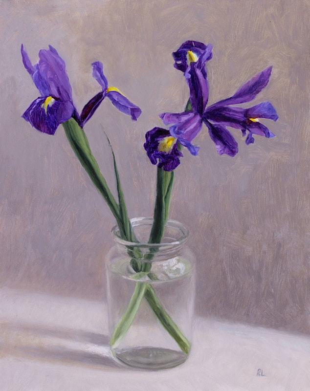 Realist floral oil painting of purple irises in a glass jar