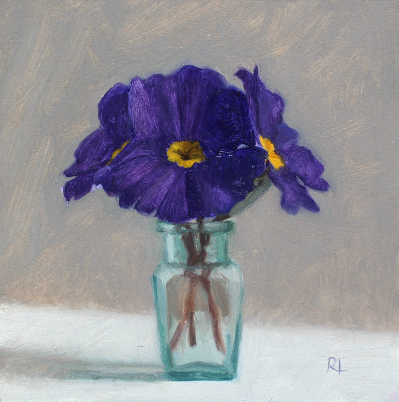 Realist floral oil painting of purple primulas in a glass bottle
