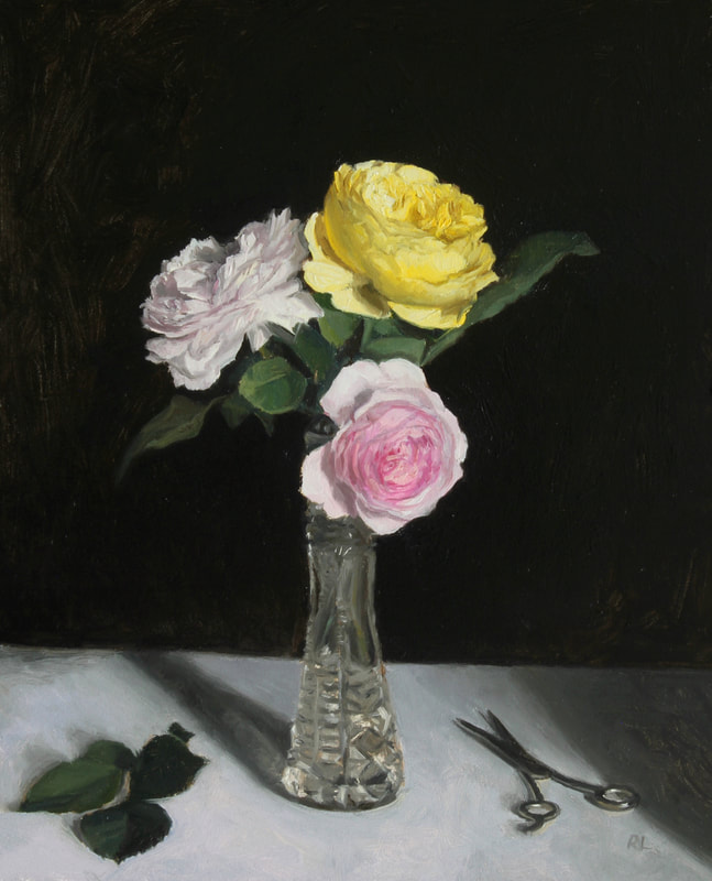 Realist floral oil painting of yellow and pink roses in a cut glass vase