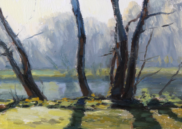 realist impressionist British landscape oil painting looking accross the Thames near Twickenham through trees, on a frosty morning