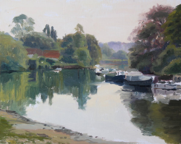 British UK plein air impressionist realist landscape painting Twickenham riverside, looking towards Eel Pie Island and Richmond Hill. River Thames, boats, reflections.